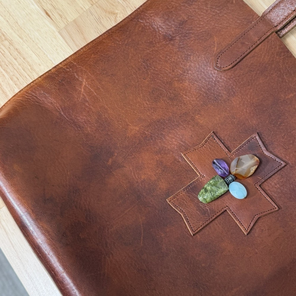 Two Bar West Leather Tote Bag Brown Southwestern Cross Stone Boho Western Purse - Picture 8 of 16